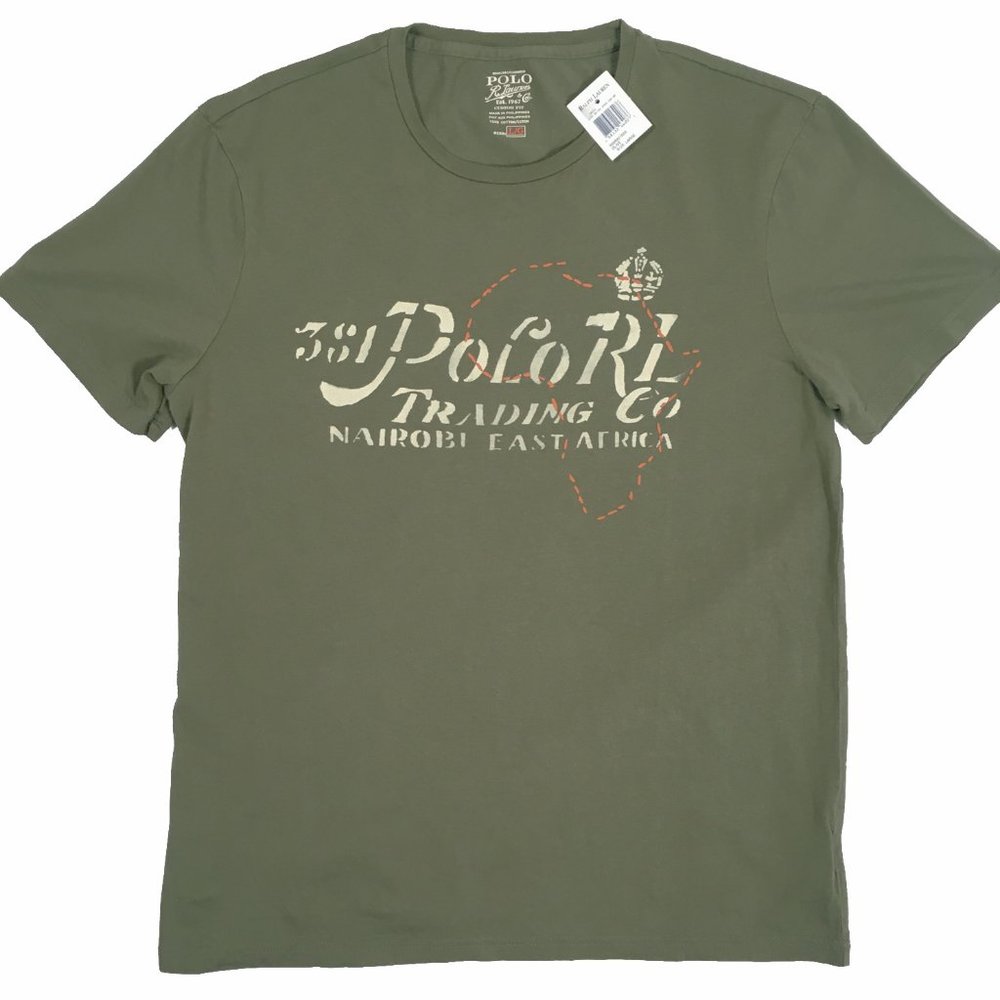 NEW Polo Ralph Lauren Womens Nairobi Africa T Shirt!  Olive Green  Huge RL Print